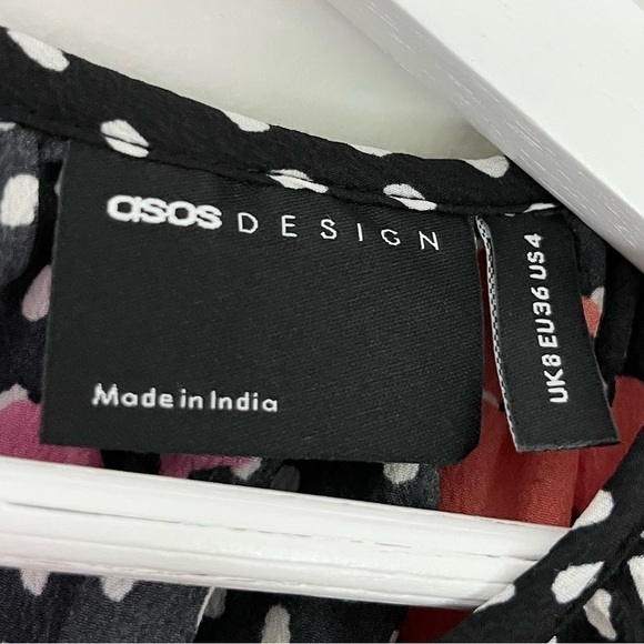NEW ASOS Floral Polka Dot Tiered Smock Mini Dress Black Orange Pink Size 4‎ - Picture 11 of 15